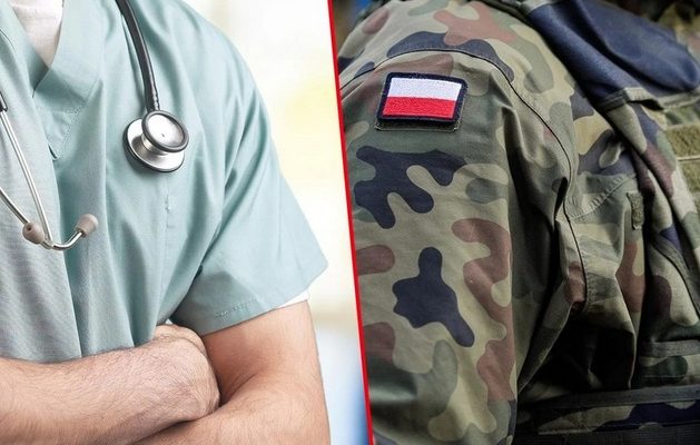 Kolaż z dwóch zdjęć. Na pierwszym zdjęciu fragment męskiej sylwetki w fartuchu lekarskim i z przewieszonym przez szyję stetoskopem. Na drugim zdjęciu fragment sylwetki męskiej w mundurze wojskowym, na ramieniu flaga polski.