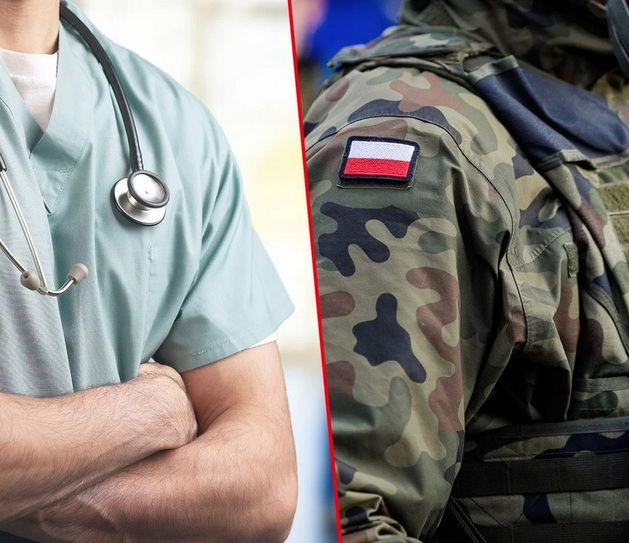 Kolaż z dwóch zdjęć. Na pierwszym zdjęciu fragment męskiej sylwetki w fartuchu lekarskim i z przewieszonym przez szyję stetoskopem. Na drugim zdjęciu fragment sylwetki męskiej w mundurze wojskowym, na ramieniu flaga polski.