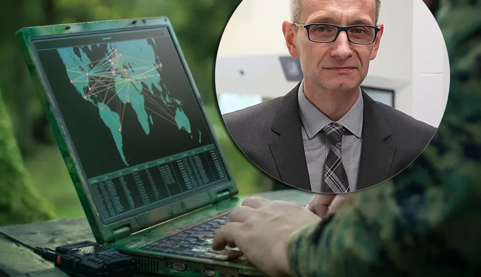Ujęcei żołnierza przy wojskowym laptopie, w kółku zdjęcei grzegorza gieleraka dyrektora WIM.