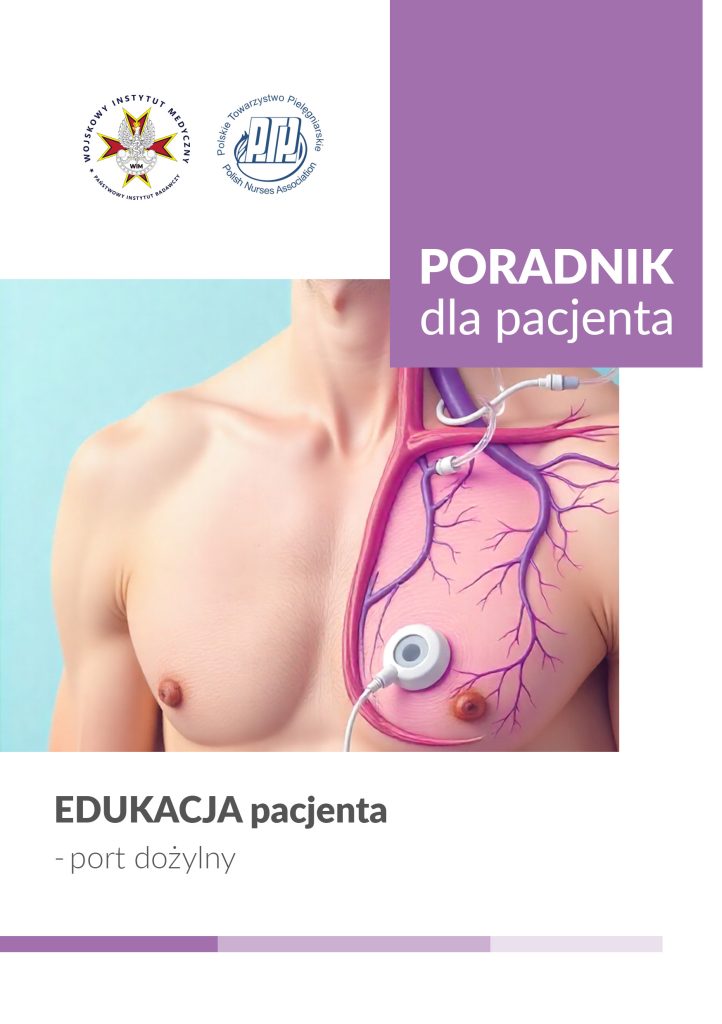 Okładka poradnika dla pacjenta. Napis Poradnik dla pacjenta, edukacja pacjenta - port żylny. Grafika torsu młodego mężczyzny, na jednej połowie torsu widać wizualizację żył i przyczepionego przy sutku portu.