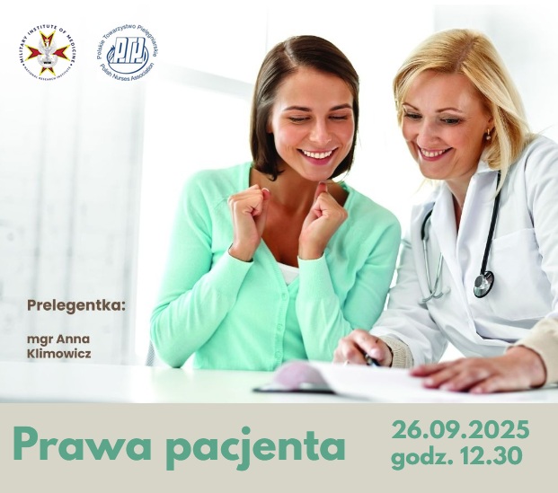 Usmiechnięta lekarka i pacjentka. Napis Prawa Pacjenta. 26.09.2025. godzina 12.30, sala 505.