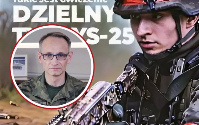 Żołnierz z bronią w reku podczas ćwiczeń, w kółku Grzegorz Gielerak. Napis: Takie jest ćwiczenie Dzielny - Tygrys 25.
