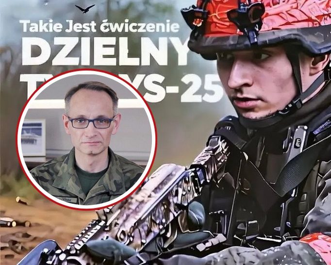 Żołnierz z bronią w reku podczas ćwiczeń, w kółku Grzegorz Gielerak. Napis: Takie jest ćwiczenie Dzielny - Tygrys 25.