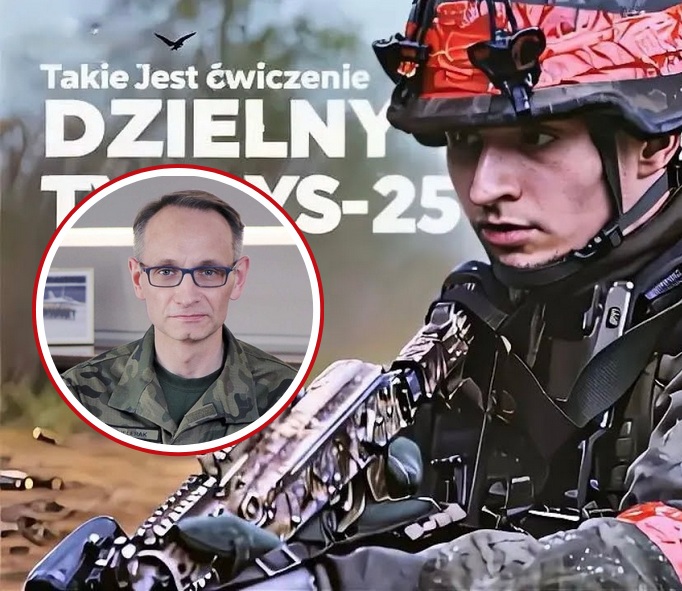 Żołnierz z bronią w reku podczas ćwiczeń, w kółku Grzegorz Gielerak. Napis: Takie jest ćwiczenie Dzielny - Tygrys 25.