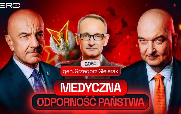 Plakat audycji podkastu. Na czerwonym tle Grzegorz Gielerak na tle ognia i logo wim.
