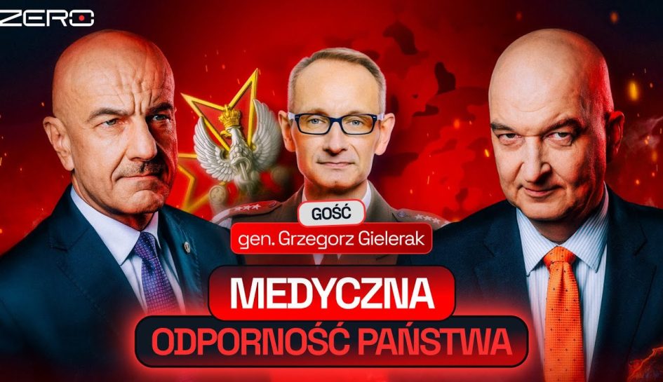 Plakat audycji podkastu. Na czerwonym tle Grzegorz Gielerak na tle ognia i logo wim.
