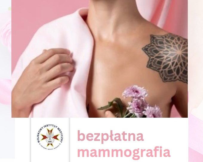 Ujęcie kobiety z tatuażem na lewym ramieniu z lekko odsłoniętą piersią. Napis bezpłatna mammografia, obok logo WIM.