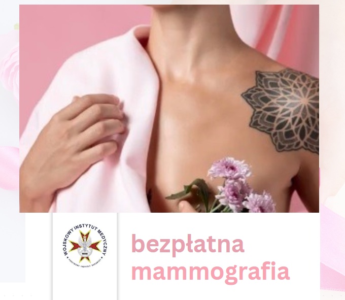 Ujęcie kobiety z tatuażem na lewym ramieniu z lekko odsłoniętą piersią. Napis bezpłatna mammografia, obok logo WIM.