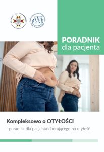 Okładka poradnika. Kobieta z nadwagą przeglądająca się w lustrze, trzyma fałdę brzucha.