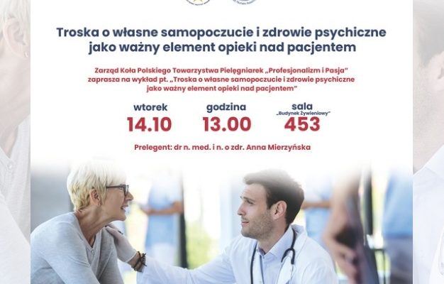 Plakat: młody lekarz przy biórku opiera swoją dłoń w geście wsparcia na ramieniu kobiety w średnim wieku siedzącej na przeciwko biurka. Treść plakatu we wpisie.