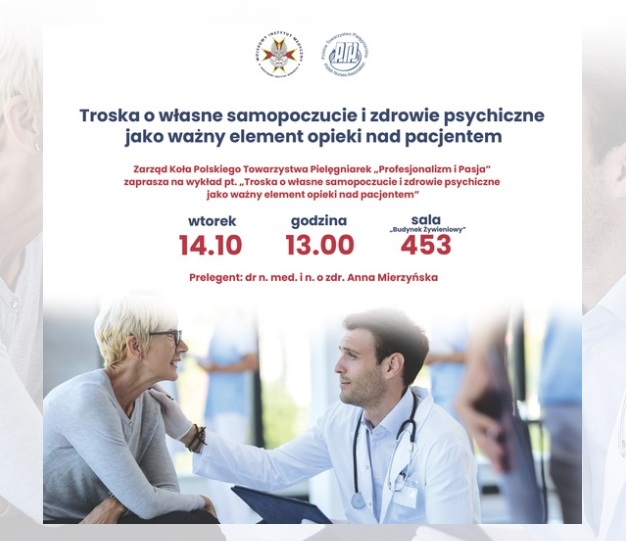 Plakat: młody lekarz przy biórku opiera swoją dłoń w geście wsparcia na ramieniu kobiety w średnim wieku siedzącej na przeciwko biurka. Treść plakatu we wpisie.