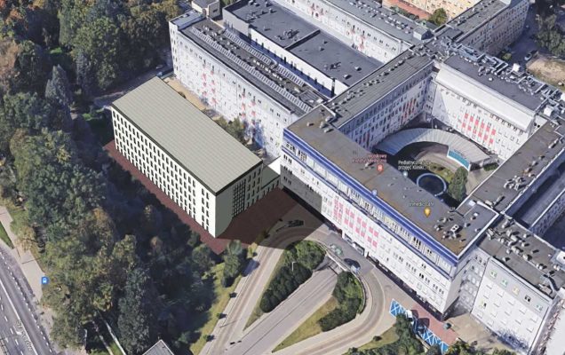 Rzut budynku głównego WIM-PIB z lotu ptaka z wizualizacją nowego budynku.