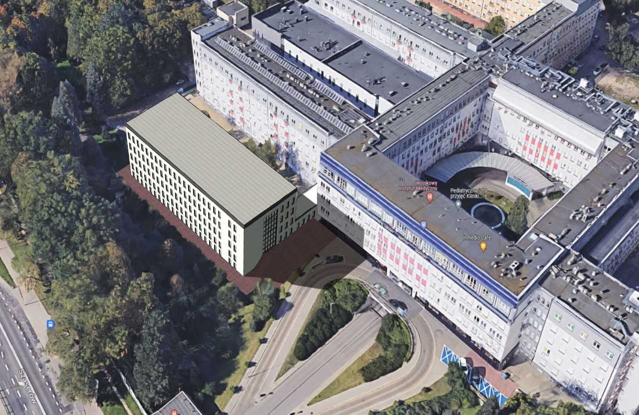 Rzut budynku głównego WIM-PIB z lotu ptaka z wizualizacją nowego budynku.