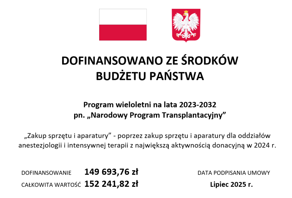 Tablica informacyjna, flaga i godło Polski. Dofinansowano ze środków budżetu Państwa. Program wieloletni n alata 2023-2032 pn. Narodowy program Transplantacyjny. „Zakup sprzętu i aparatury” - poprzez zakup sprzętu i aparatury dla oddziałów anestezjologii i intensywnej terapii z największą aktywnością donacyjną w 2024 r. Dofinansowanie 