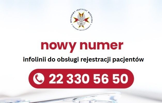 Plansza informacyjna. Nowy numer infolinii do obsługi i rejestracji pacjenta. Telefon: 22 330 56 50.
