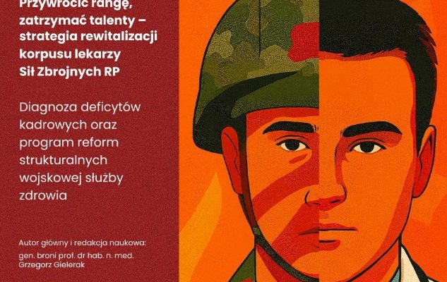 Okładka raportu. Grafika sylwetki mężczyzny. jedna połowa postaci w mundurze druga w kitlu lekarskim.