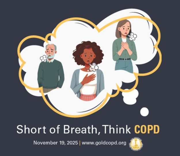 Plakat promujący Światowy Dzień świadomości POCHP. Infografika kaszlących osób, starszego mężczyzny, kobiety w średnim wieku i nastolatki.