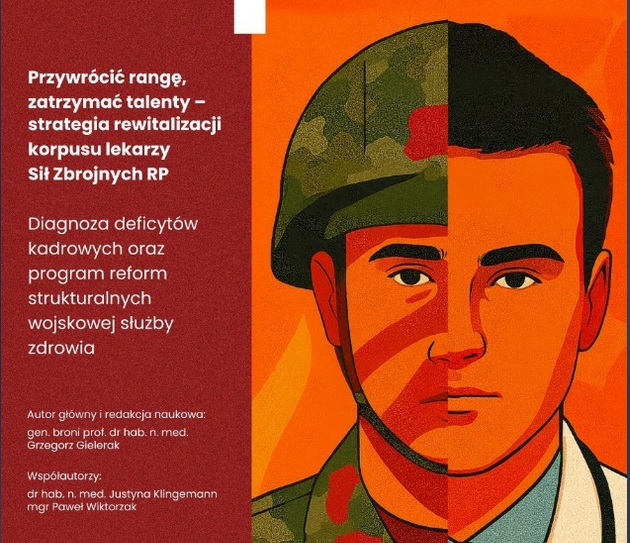 Okładka raportu. Grafika sylwetki mężczyzny. jedna połowa postaci w mundurze druga w kitlu lekarskim.