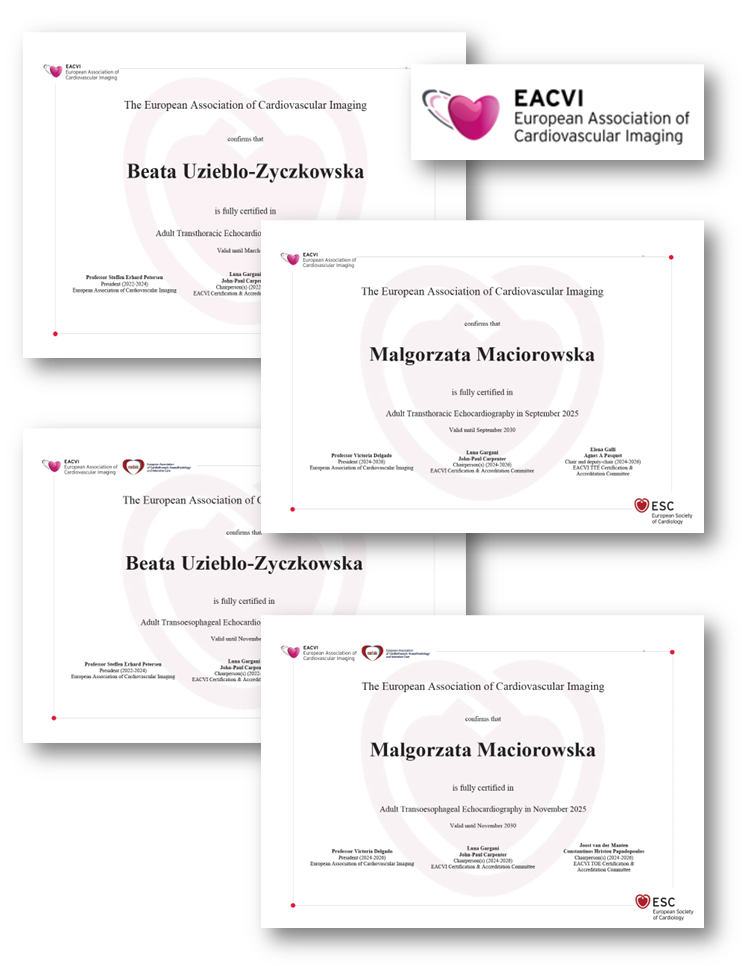 zdjęcia certyfikatów EACVI przyznanych Pani dr Małgorzacie Maciorowskiej i prof. Beacie Uziębło-Życzkowskiej