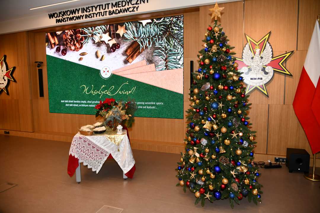 Aula WIM udekorowana świątecznie. Z prawej strony stoi olbrzymia choinka, obok stolik z opłatkiem, na ekranie wyświetlona plansza świąteczna z życzeniami.