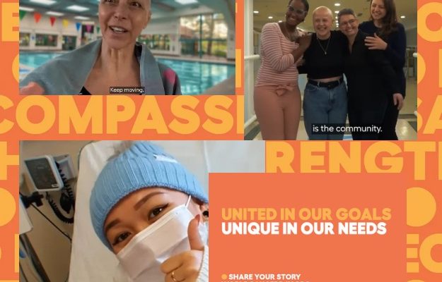 Kolaż napisów i zdjęć związanych z tematyką nowotworową,