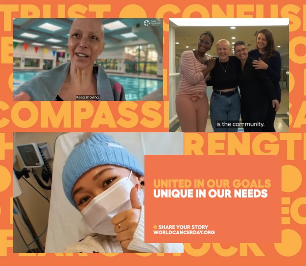 Kolaż napisów i zdjęć związanych z tematyką nowotworową,