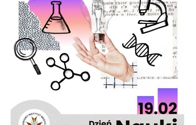 19.02 Dzień Nauki Polskiej. Piktogramy elementów naukowych: luba, mikroskop, kolba laboratoryjna, kod DNA.