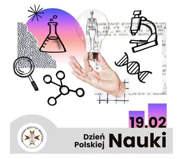 19.02 Dzień Nauki Polskiej. Piktogramy elementów naukowych: luba, mikroskop, kolba laboratoryjna, kod DNA.