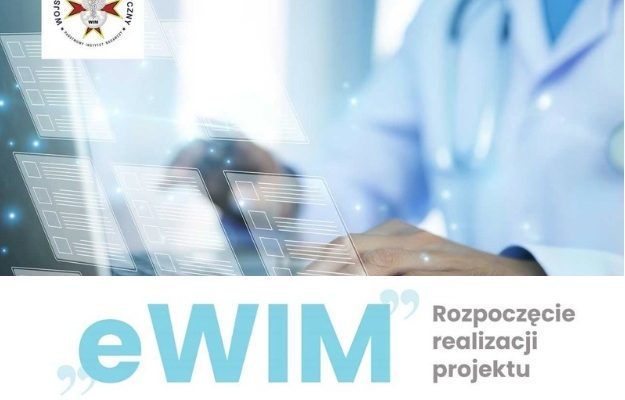 Fragment sylwetki lekarza w gabinecie lekarskim. Napis eWIM.