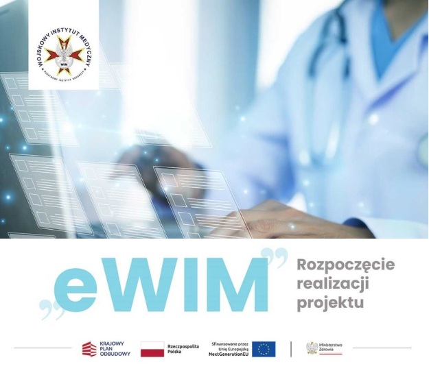 Fragment sylwetki lekarza w gabinecie lekarskim. Napis eWIM.