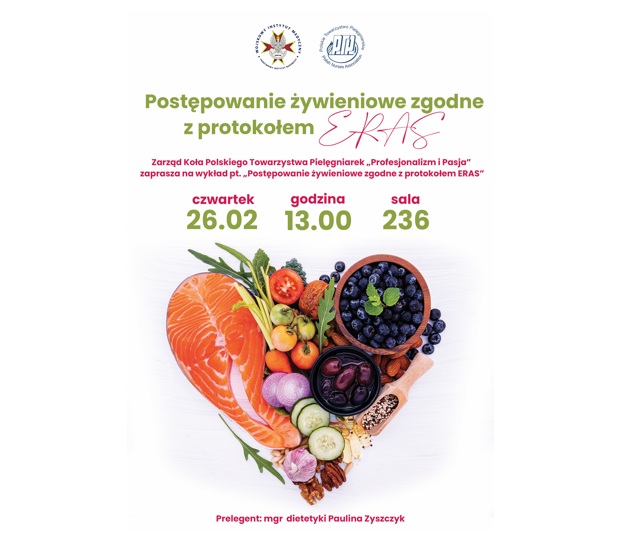 Plakat zaproszenia na wykład. Serce ułożone z produktów spożywczych.