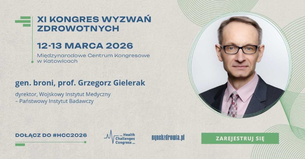 12-13 marca 2026 MCK Katowice. Nowe strategie dla Zdrowia. XI Kongres Wyzwań Zdrowotnych. Logotyp HCC i logo WIM. W kółku Grzegorz Gielerak.