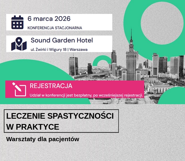Plakat Leczenie spastyczności w praktyce. Grafika panoramy Warszawy z Pałacem Kultury. Napis: 6 marca 2026, Sound Garden Hotel..