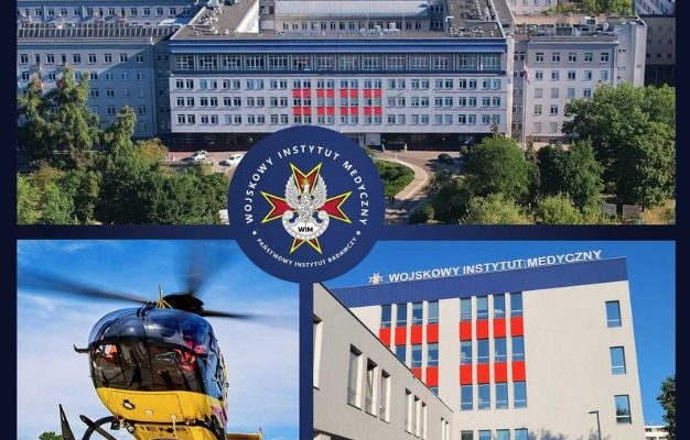 Kolaż zdjęć: helikopter na lądowisku, zdjęcie szpitala w Warszawie, zdjęcie szpitala w Legionowie.