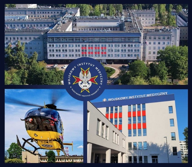 Kolaż zdjęć: helikopter na lądowisku, zdjęcie szpitala w Warszawie, zdjęcie szpitala w Legionowie.