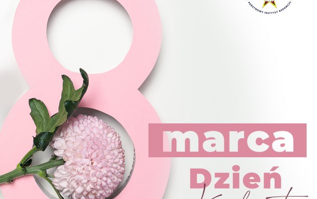 Plakat z okazji dnia kobiet. * marca Dzień kobiet. Różowa cyfra 8 i różowy kwiat w dolnym kółku ósemki.