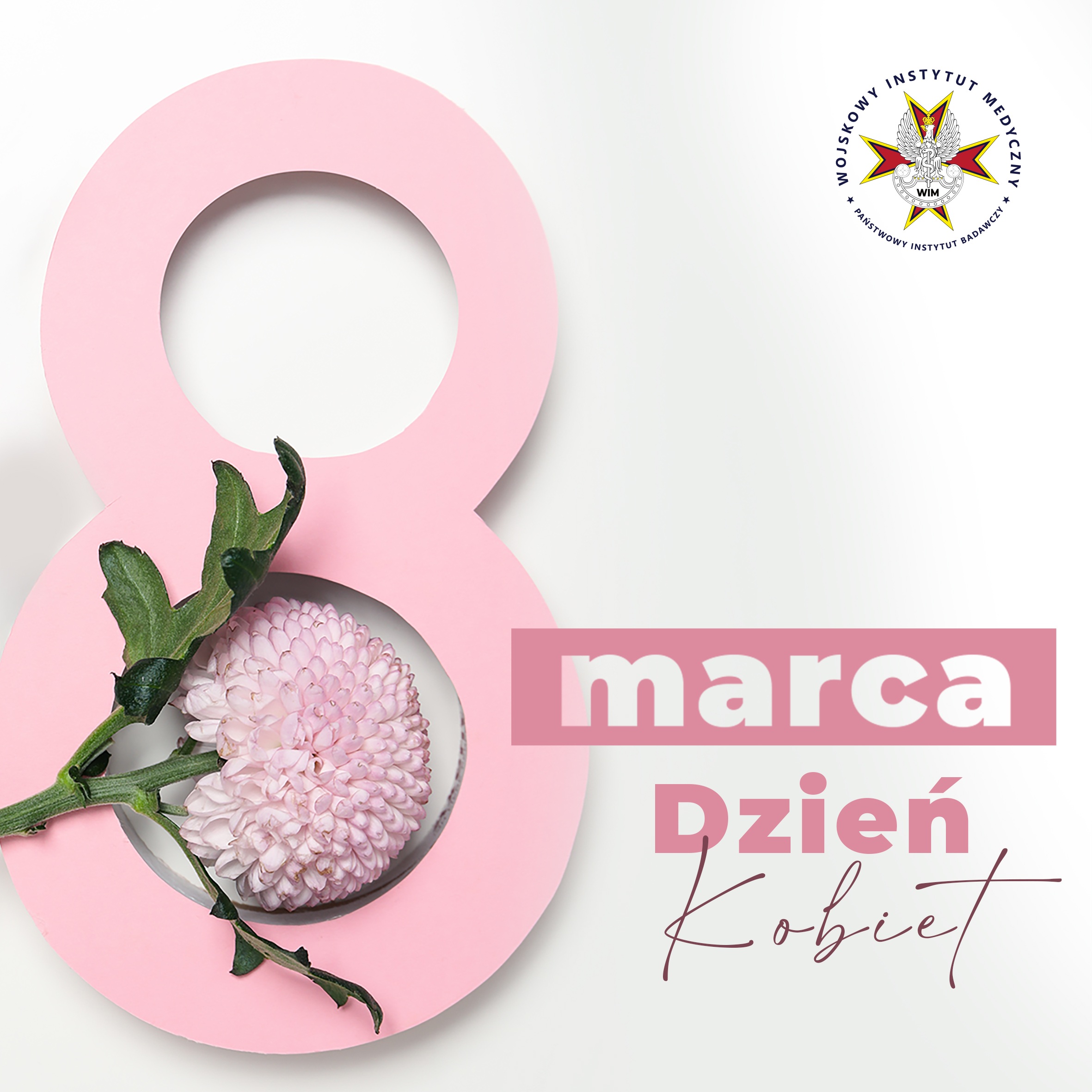 Plakat z okazji dnia kobiet. * marca Dzień kobiet. Różowa cyfra 8 i różowy kwiat w dolnym kółku ósemki.