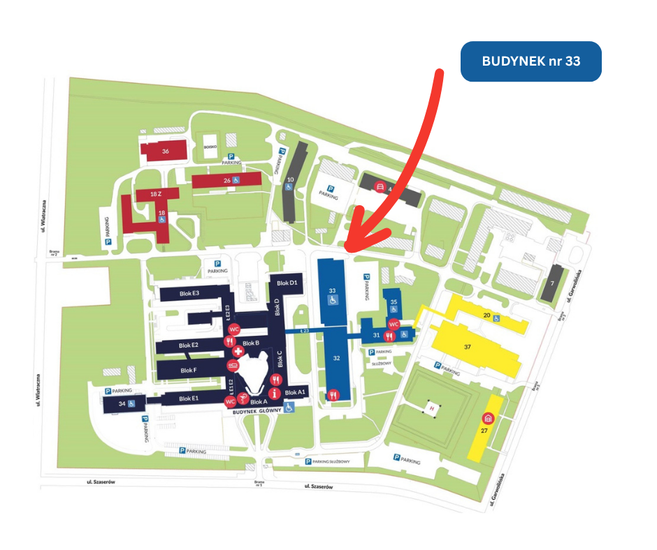 Mapka z planem szpitala i wskazanym budynkiem nr 33.
