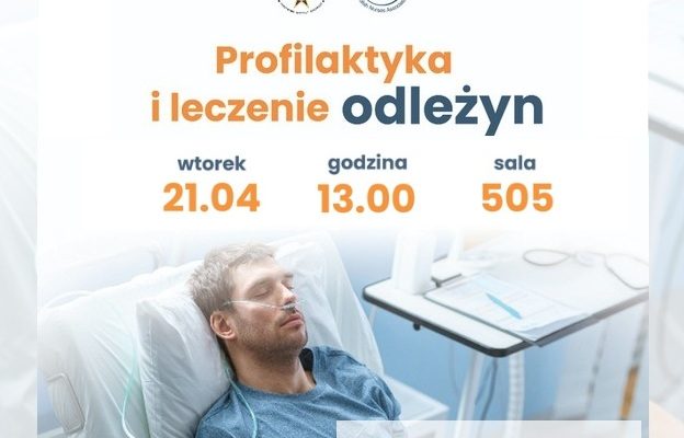 Plakat wykładu: Leżący w łóżku szpitalnym mężczyzna z podłączoną rurką tlenową.