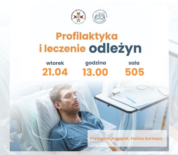 Plakat wykładu: Leżący w łóżku szpitalnym mężczyzna z podłączoną rurką tlenową.