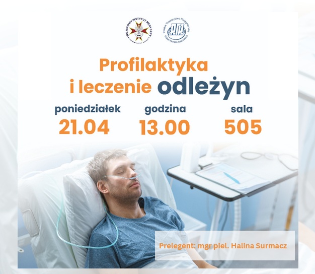 Plakat wykładu: Leżący w łóżku szpitalnym mężczyzna z podłączoną rurką tlenową.
