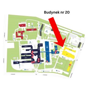 Budynek nr 20 Wojskowego Instytutu Medycznego oznaczony strzałką na planie szpitala.
