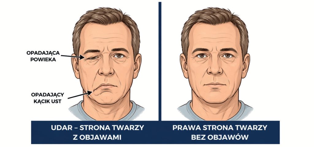 Infografika twarzy mężczyzny z objawami udaru i bez udaru.