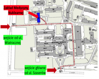 Plan szpitala z zaznaczonym Zakładem Medycyny Nuklearnej.