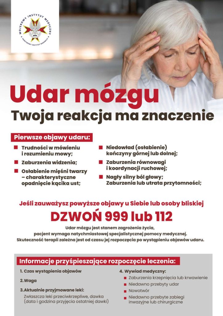 Plakat edukacyjny o udarze mózgu z osobą trzymającą się za głowę; obok lista pierwszych objawów udaru oraz informacja o konieczności dzwonienia pod 999 lub 112.