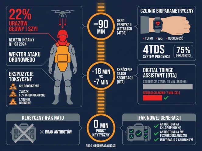 Infografika pokazująca czynności życiowe rannego żołnierza.