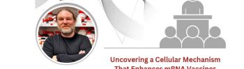 Plakat naukowy zapowiadający wykład pt. ‘Uncovering a Cellular Mechanism That Enhances mRNA Vaccines’. Dominują czerwone i szare geometryczne elementy, w tym heksagony i faliste linie. W centralnej części znajduje się okrągłe zdjęcie osoby stojącej w laboratorium, z rozmytą twarzą. Na plakacie widnieją informacje o prelegentce, prof. Sewerynie Mroczce z Międzynarodowego Instytutu Biologii Molekularnej i Komórkowej, oraz data wydarzenia: 18 maja 2026 o godz. 9.00, Sala Obron Budynek Główny 2 piętro.