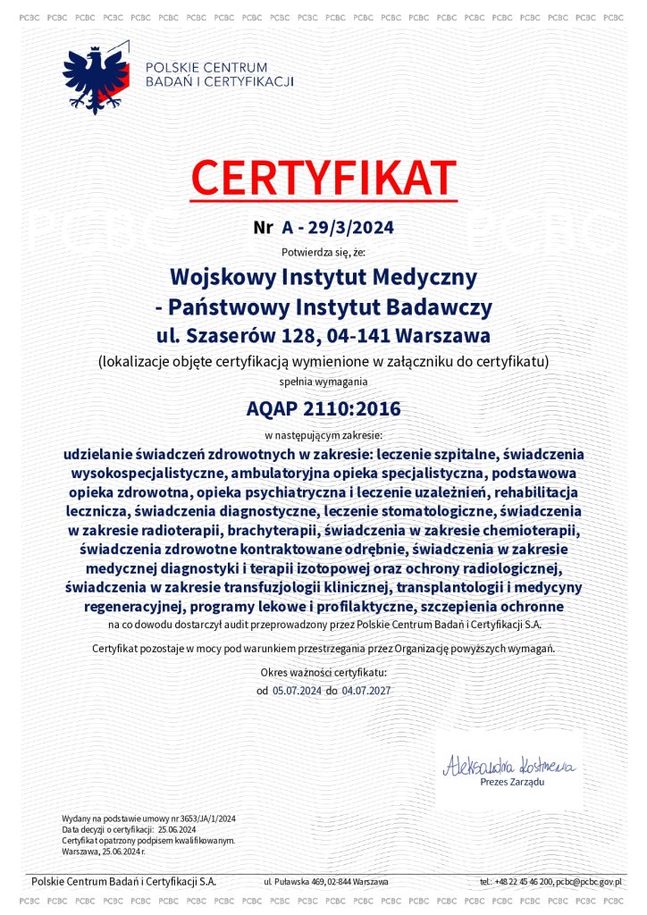 Certyfikat Certyfikat AQAP PCBC. Treść certyfikatu w dokumencie  pdf.