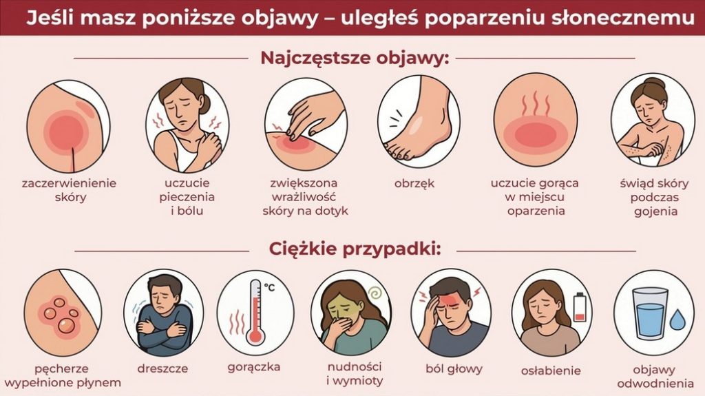 Infografika przedstawiająca objawy poparzenia słonecznego, podzielone na dwie grupy: najczęstsze i ciężkie przypadki.
W górnej części znajduje się tytuł: „Jeśli masz poniższe objawy – uległeś poparzeniu słonecznemu”.
Sekcja „Najczęstsze objawy” pokazuje sześć ilustracji z podpisami: zaczerwienienie skóry, uczucie pieczenia i bólu, zwiększona wrażliwość skóry na dotyk, obrzęk, uczucie gorąca w miejscu oparzenia oraz świąd skóry podczas gojenia.
Niżej, w sekcji „Ciężkie przypadki”, znajduje się osiem ilustracji z opisami: pęcherze wypełnione płynem, dreszcze, gorączka, nudności i wymioty, ból głowy, osłabienie oraz objawy odwodnienia.
Grafika ma jasne tło w odcieniach beżu i czerwieni, a ilustracje są proste, czytelne i przedstawiają osoby lub fragmenty ciała z widocznymi objawami poparzenia. Celem infografiki jest edukacja w zakresie rozpoznawania i reagowania na skutki nadmiernej ekspozycji na słońce.