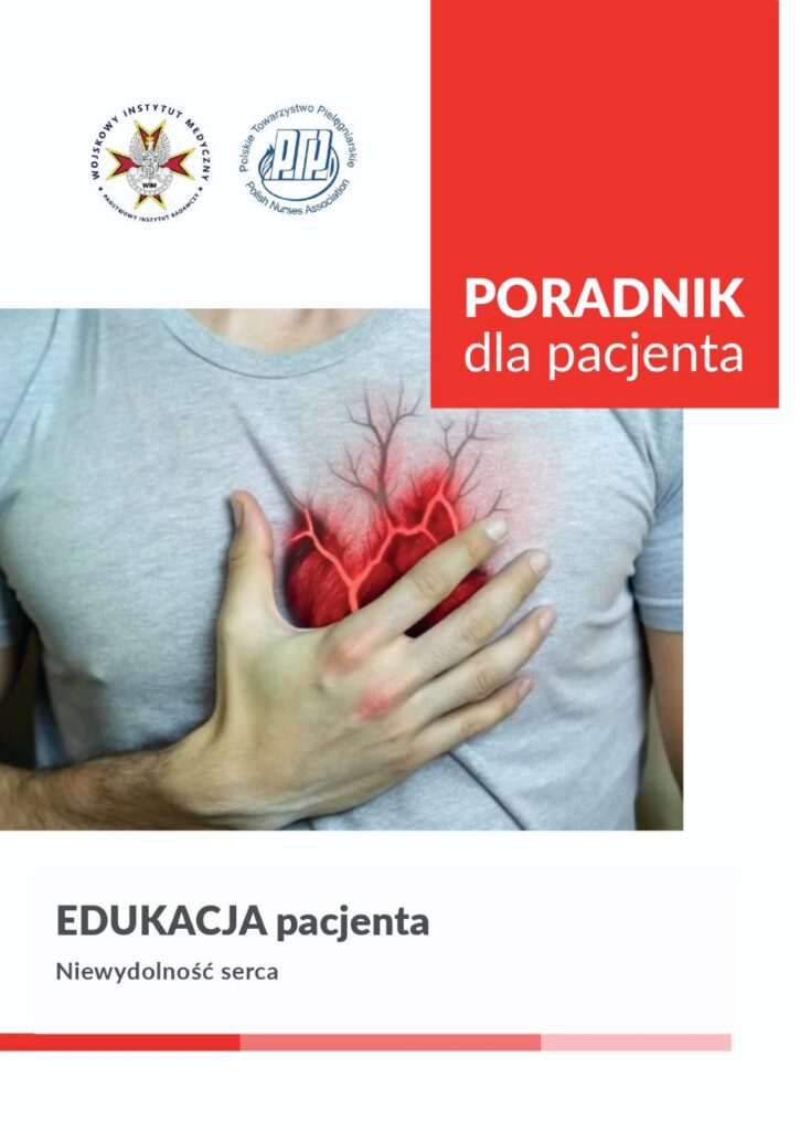Okładka Poradnik dla pacjenta - Niewydolność serca. Mężczyzna trzyma dłoń na klatce piersiowej.